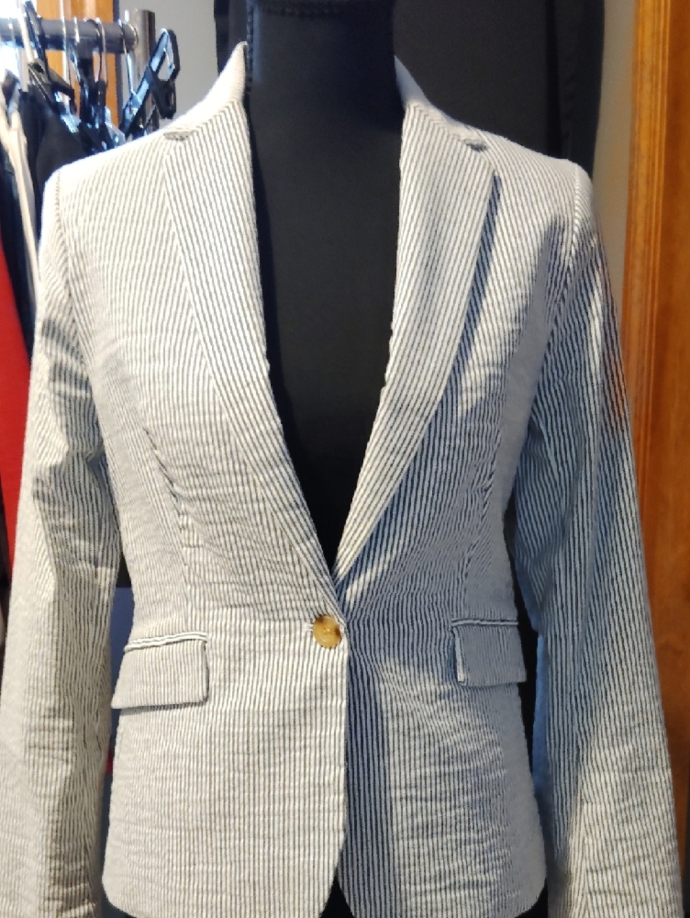 DALIA Women's Navy and White Pinstripe Blazer with Bone Buttons. XS